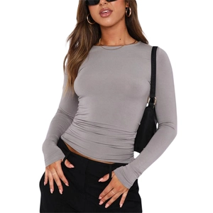 Slim fit long sleeve grey crewneck t-shirt for women in soft stretch knit fabric