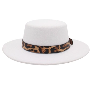 Detail view of a white wide-brim felt boater hat featuring a stylish leopard print band