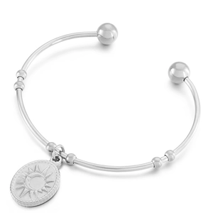 Bracelet jonc ouvert en acier argenté avec pendentif ovale gravé d'un soleil et lune