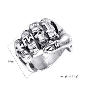 Vintage silver skull fist ring for men made of durable stainless steel in retro punk style