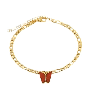 Golden Figaro chain anklet featuring a vibrant red butterfly pendant and lobster clasp