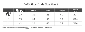 Size chart for the seamless backless yoga bodysuit detailing S to L measurements