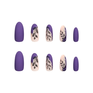 Elegant purple and nude press-on nails set with leaf patterns and silver glitter accents