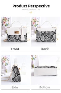 Detailed four-way view of faux leather crossbody bag with snakeskin pattern and gold lock