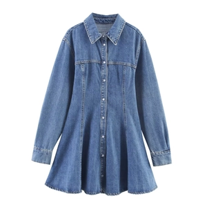 Women's blue denim mini dress with long sleeves, lapel collar, and button-down A-line cut
