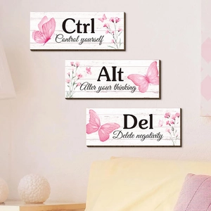 Pink butterfly wooden wall decor with motivational Ctrl Alt Del signs for office