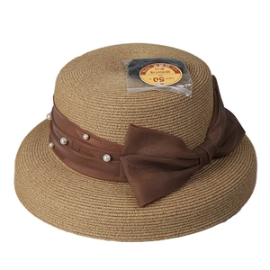 Classic straw boater hat with dark brown ribbon and pearls, UPF 50+ sun protection