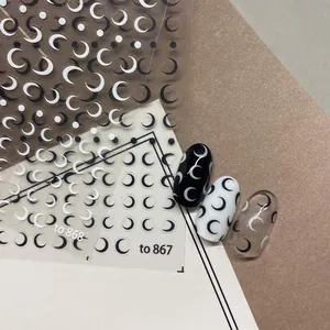 Crescent Moon And Dots Nail Art Stickers Self Adhesive Minimalist Japanese Style Black White DIY Manicure Decals