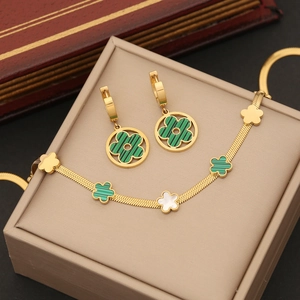 Four Leaf Clover Necklace Bracelet Earrings Green Malachite White Shell Pattern Gold Plated Stainless Steel Jewelry For Women