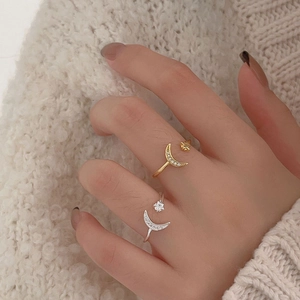 925 silver crescent moon and star open ring with sparkling pavé cubic zirconia