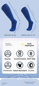 Size guide for blue professional football socks showing adult and kids length dimensions