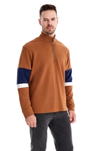 Detail view of 1/4 zip collar and color-block sleeve on brown cotton sweatshirt