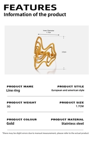 Detail specifications of 18K gold plated wavy ring with 2.8cm height and 1.7cm diameter