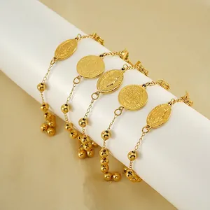Religious Rosary Bracelet 18K Gold Plated Stainless Steel Cross Pendant Virgin Mary St Benedict Medal Beads Fashion Jewelry