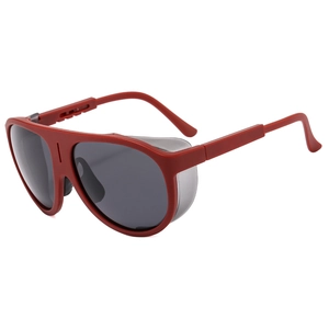 Red oversized sports sunglasses with grey lenses and windproof side shields for cycling