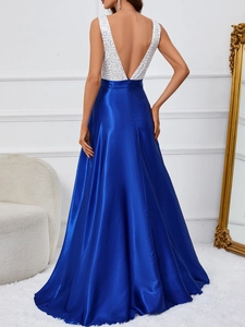 Elegant white V-neck backless dress with a long royal blue satin skirt for evening parties
