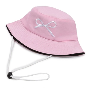 Pink sun hat with white bow embroidery and adjustable windproof strap for women