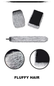 Detail of fluffy grey faux fur dragon cosplay set including tail and wristbands