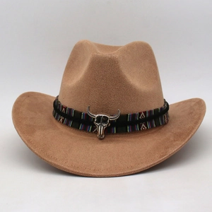 Detail of western cowboy hat with woven band and silver bull skull metal ornament