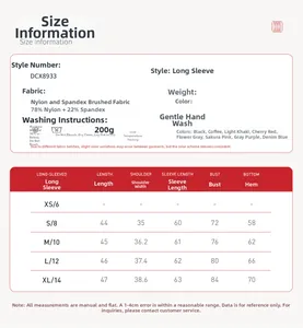 Detailed size chart and fabric composition for the long sleeve sports sweatshirt set