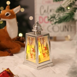 Macro detail of Christmas silver lantern with warm LED light and snowman illustration