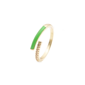 Detail of adjustable gold ring with green enamel finish and pave cubic zirconia stones