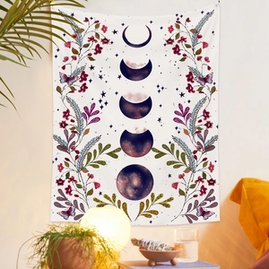 Bohemian moon phase tapestry with floral patterns for aesthetic room wall decor