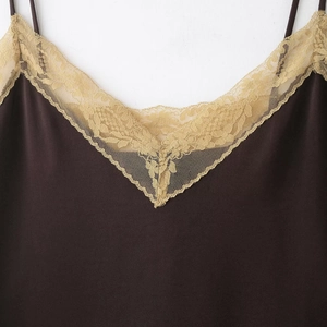 Deep brown satin camisole top with champagne lace V-neck detail and mesh stitching