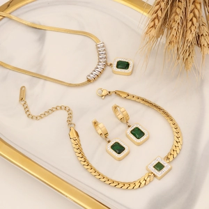 Women Jewelry Golden Stainless Steel Square Emerald Green Cubic Zirconia Pendant Snake Chain Necklace Bracelet Earrings