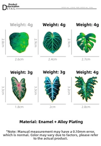 Detailed size chart for tropical leaf enamel pins showing weight and dimensions in cm