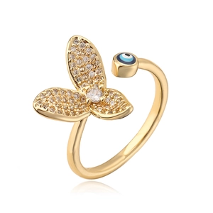18K gold plated copper butterfly open ring with zircon and evil eye motif on white background