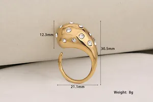 Detailed dimensions of gold teardrop open ring with crystal pave setting and size specs