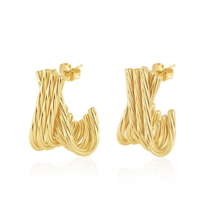 Minimalist gold-plated U-shape twist earrings with layered parallel texture on white background