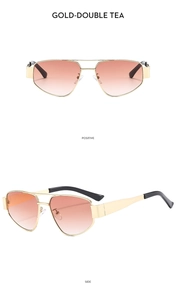 Front and side views of double-bridge aviator sunglasses with gold frames and tea lenses