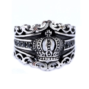 Vintage stainless steel crown ring for men and women with black stones and gothic relief