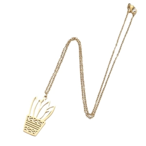 Minimalist gold stainless steel necklace with cactus plant pendant on white background