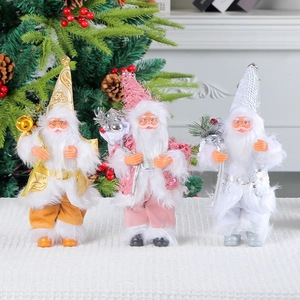 Standing 9-inch Santa Claus figurines in gold, pink, and white festive costumes set