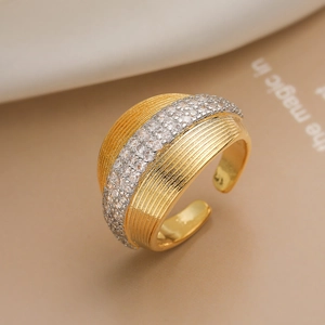 Wide Band Open Ring Gold Plated Copper With Pave White Zircon Geometric Texture Vintage Adjustable Jewelry For Women