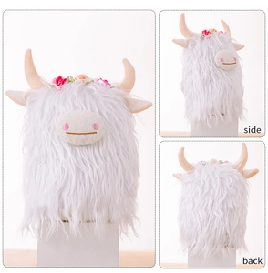 Three-view detail of a white plush Highland cow toy featuring a colorful floral crown