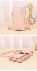 Pink PU leather crossbody phone bag detail featuring a functional transparent touchscreen window