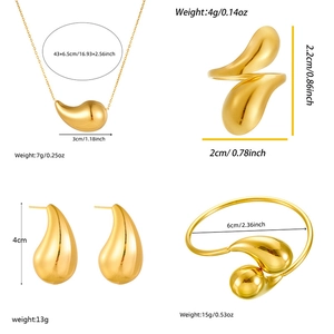 Golden stainless steel waterdrop jewelry set with necklace, ring, earrings and bangle