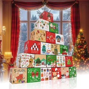 Christmas Advent calendar with 24 numbered colorful candy gift boxes in a festive scene