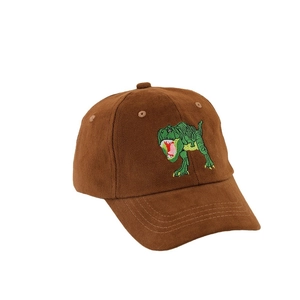 Brown cotton baseball cap for kids featuring vivid green dinosaur embroidery on the front