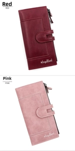 Detailed view of long PU leather wallets in red and pink with card slots and zippers
