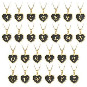 Heart Initial Necklace 18K Gold Plated Stainless Steel Black Enamel Vintage Pendant Letter Jewelry For Women