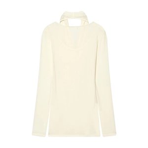 Cream long sleeve knit top with cutout halter neckline and ribbed texture slim fit