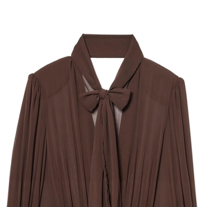 Brown chiffon dress featuring long sleeves with tie-neck bow and elegant pleated texture