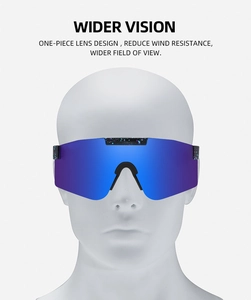 Front view of sport sunglasses with purple mirrored lens on a white mannequin head