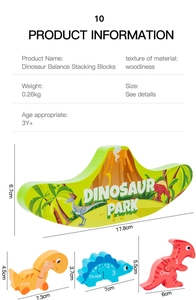Detailed size specifications for wooden dinosaur stacking blocks and balance base board