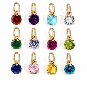 Stainless Steel Round Rhinestone Birthstone Pendant For DIY Jewelry Making Handmade Necklace Accessories Minimalist Women Inlaid Charms